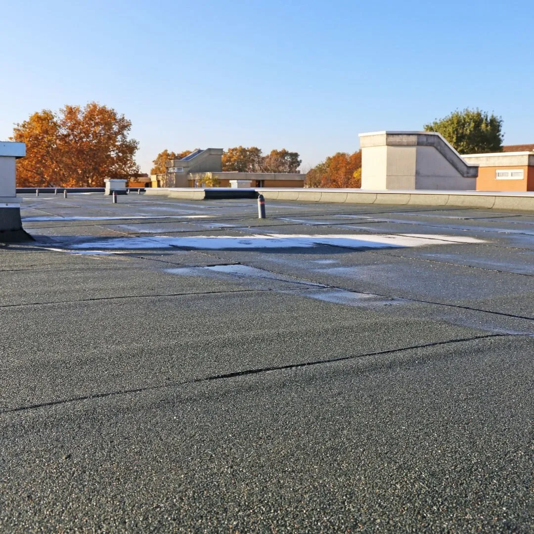 Large commercial flat roof under a clear autumn sky