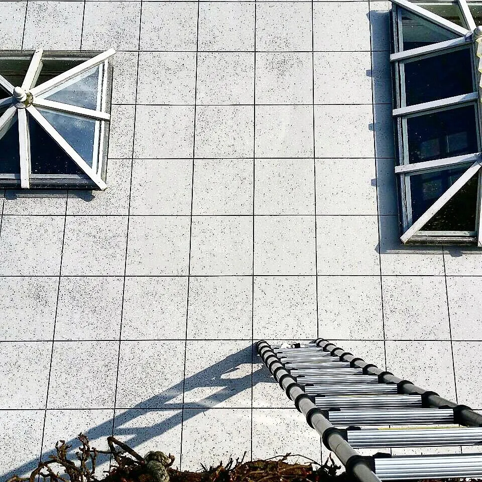 Pale speckled tile-effect resin roof with two lantern rooflights and a ladder at the edge